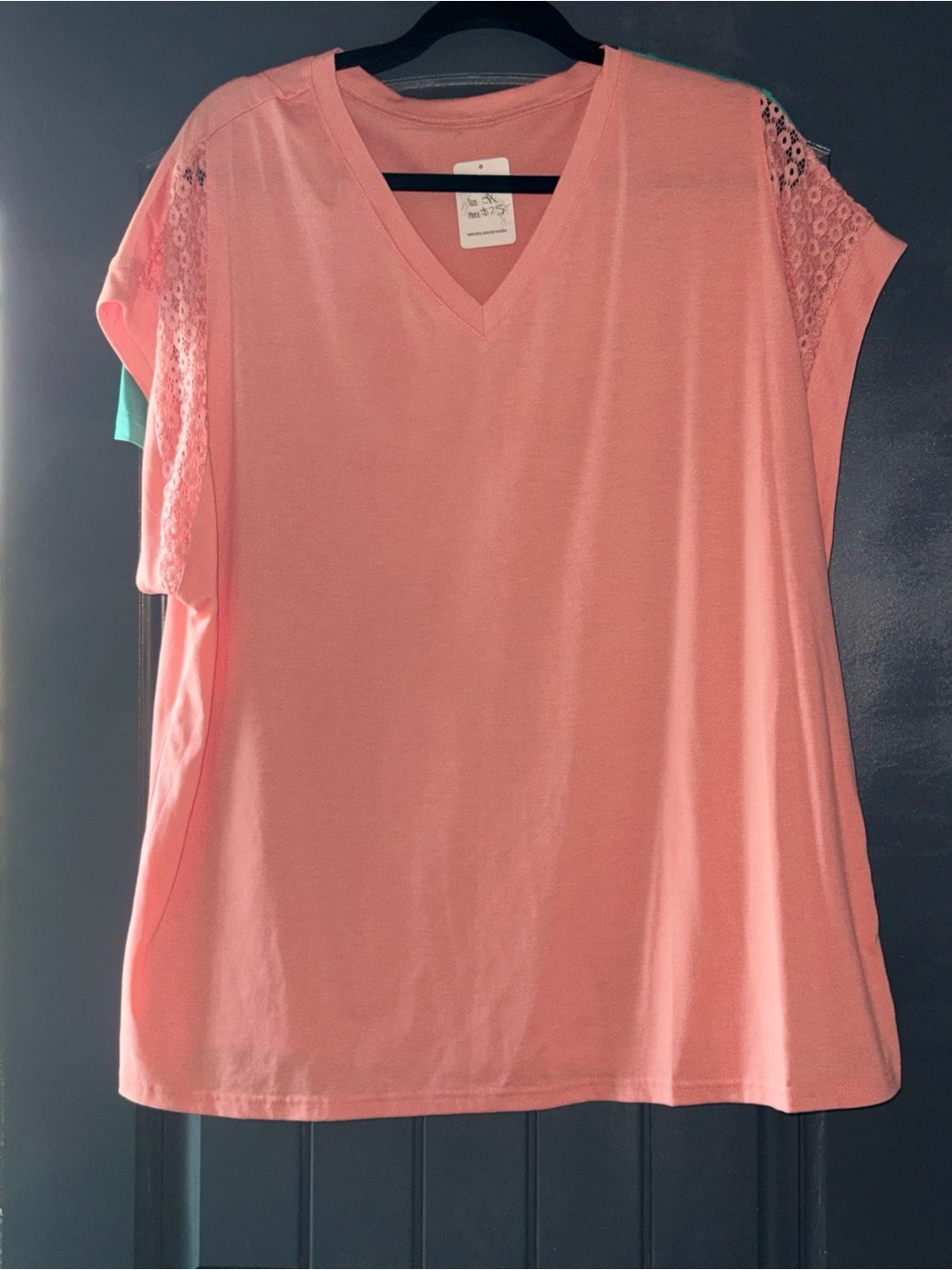 Women’s Coral V-Neck Tee with Lace Shoulders